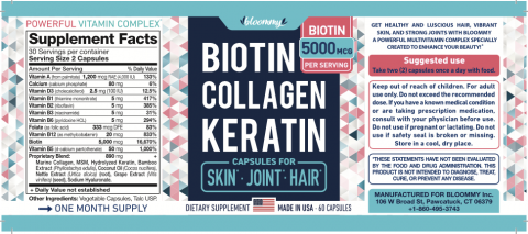 Product label Bloommy Biotin Collagen Keratin Capsules for Skin Join Hair 60 capsules