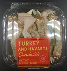 Top of clamshell container, Turkey and Havarti Sandwich