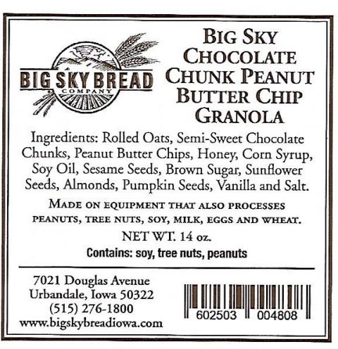 Product label, Big Sky Bread Company Big Sky Chocolate Chunk Peanut Butter Chip Granola, Net Wt. 14 oz.