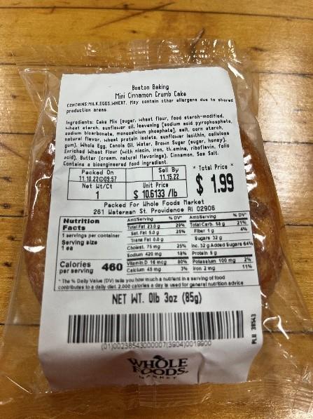 Product labeling Whole Foods Boston Baking Mini Cinnamon Crumb Cake