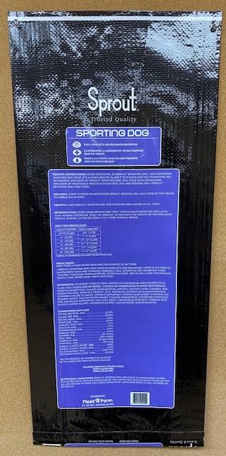 6. “Sprout, Sporting Dog, 40 lbs, back label”