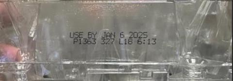 “Image of package with codes, USE BY JAN 6 2025 P1363 327 L18 6:13”