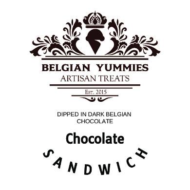 “Belgian Yummies Artisan Treats, Dipped In Dark Belgian Chocolate, Chocolate Sandwich, decal label”
