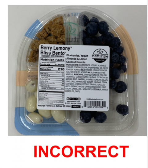 Back of package, Berry Buddies, Berries & Pancakes bento box snack packs incorrect label