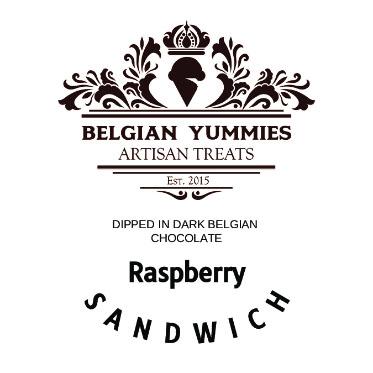 “Belgian Yummies Artisan Treats, Dipped In Dark Belgian Chocolate, Raspberry Sandwich, decal label”