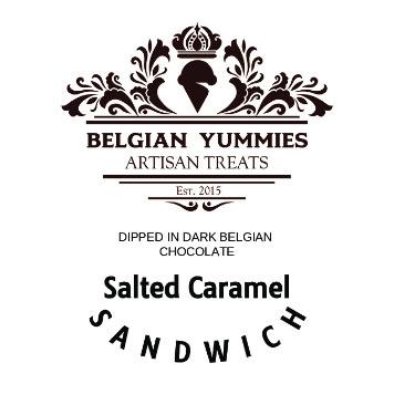 “Belgian Yummies Artisan Treats, Dipped In Dark Belgian Chocolate, Salted Caramel Sandwich, decal label”