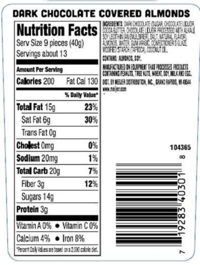 Nutrition Facts Label, DARK CHOCOLATE COVERED ALMONDS