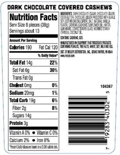  Nutrition Facts Label, DARK CHOCOLATE COVERED CASHEWS