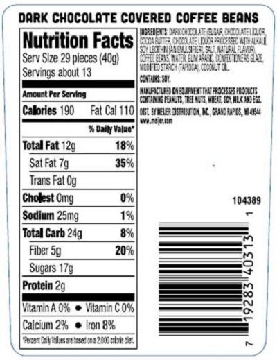 Nutrition Facts Label, DARK CHOCOLATE COVERED COFFEE BEANS
