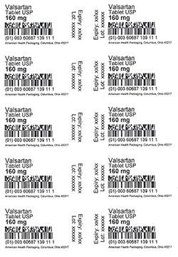 Valsartan Tablet USP, 160 mg, back label of individual pill blister pack