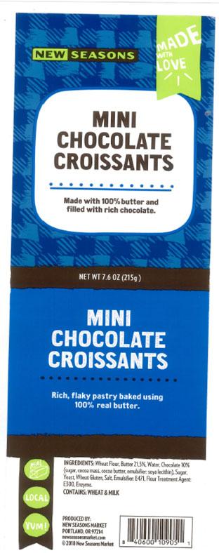 Product label with UPC and Ingredients list for New Seasons Mini Chocolate Croissants Net Wt 7.6 oz (215g)
