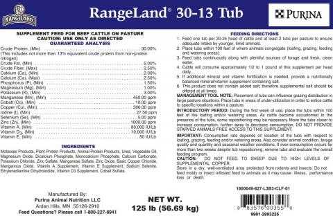 Label - RangeLand® 30-13 TUB, Purina, Net Wt. 125 lbs.