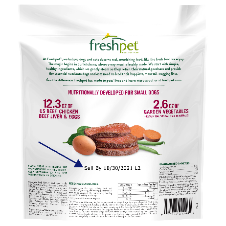Freshpet, Package Back highlighting Sell By Date