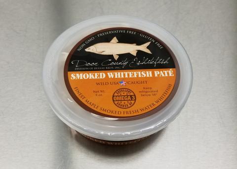 Product image, plastic container top lid view Door County Whitefish Smoked Whitefish Pate