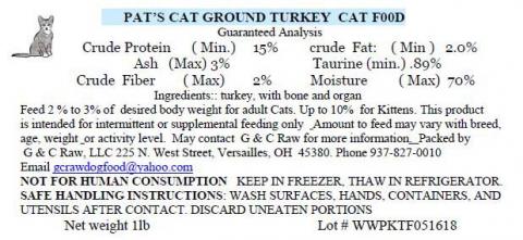 "Pat's Cat Ground Turkey  Cat Food, Net Wt. 1lb"