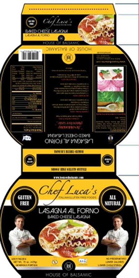 Complete carton label, Chef Luca’s Lasagna Al Forno Baked Cheese Lasagna