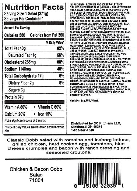 Chicken & Bacon Cobb Salad, back label, Item # 71004