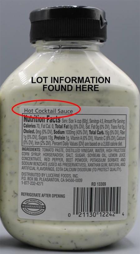 “Incorrect back label showing Hot Cocktail Sauce instead of Tartar Sauce”