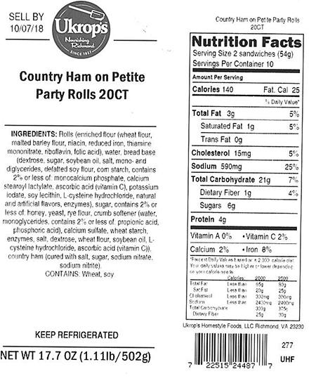 Label, Ukrops Country Ham on Petite Party Rolls 20CT