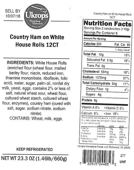Label, Ukrops Country Ham on White House Rolls 12CT