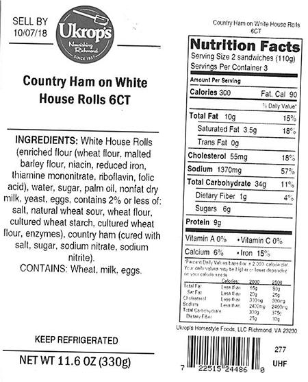 Label, Ukrops Country Ham on White House Rolls 6CT
