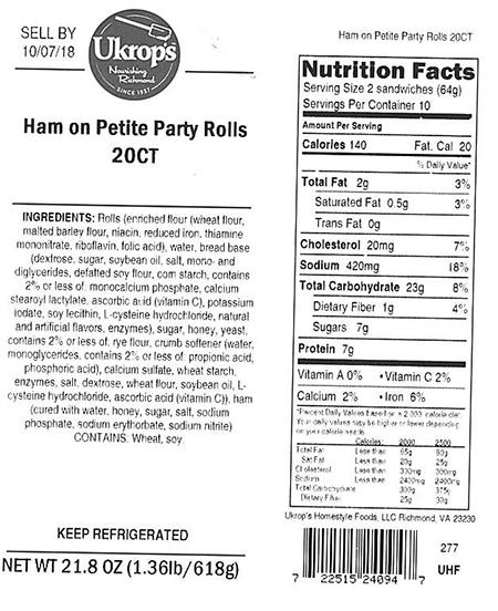 Label, Ukrops Ham on Petite Party Rolls 20CT
