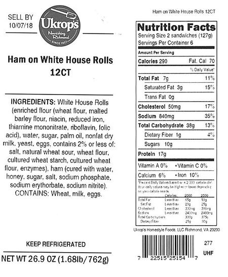 Label, Ukrops Ham on White House Rolls 12CT