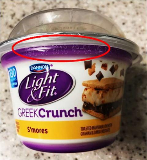Front Panel:  DANNON Light & Fit GREEK Crunch S’mores, Nonfat Yogurt with Best By Date Location Circled