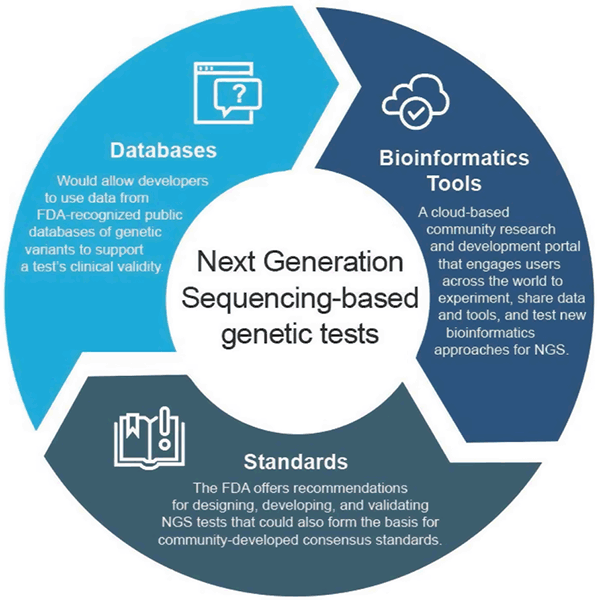 Flowchart for Next Generation Sequencing-based genetic tests. Databases flows into bioinformatic tools which flows into standards which flows back into databases. Databases: Would allow developers to use data from FDA-recognized public databases of genetic variants to support a test's clinical validity. Bioinformatics tools: a cloud-based community research and development portal that engages users across the world to experiment, share data and tools, and test new bioinformatics approaches for NGS. Standards: the FDA offers recommendations for designing, developing, and validating NGS tests that could also form the basis for community-developed consensus standards.
