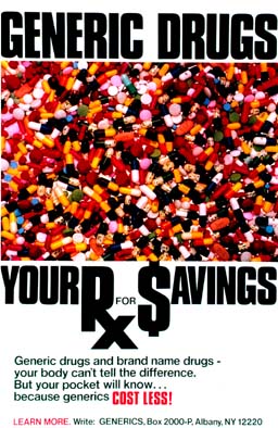 Cover of a book called Generic Drugs: Your Rx for Savings. Additional text on the cover: Generic drugs and brand-name drugs - your body can (') t tell. But your pocket will know...because generics cost less!