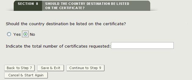 Sectioion 8: No Country Specified and Number of Certificates Requested