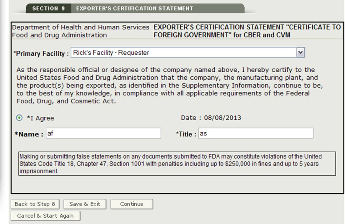 Section 9: Exporter’s Certification Statement