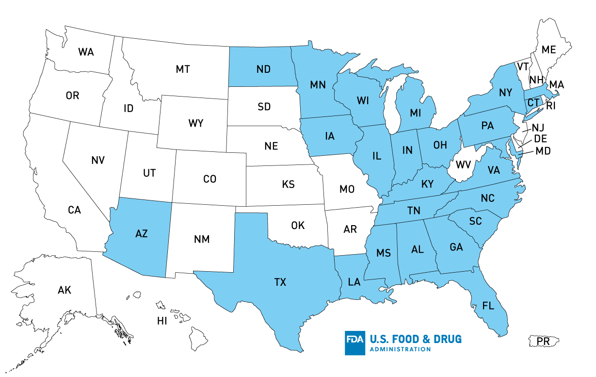 Outbreak Investigation of Listeria monocytogenes from Dole Packaged Salad - Map of U.S. Distribution of Recalled Packaged Salas (December 22, 2021)