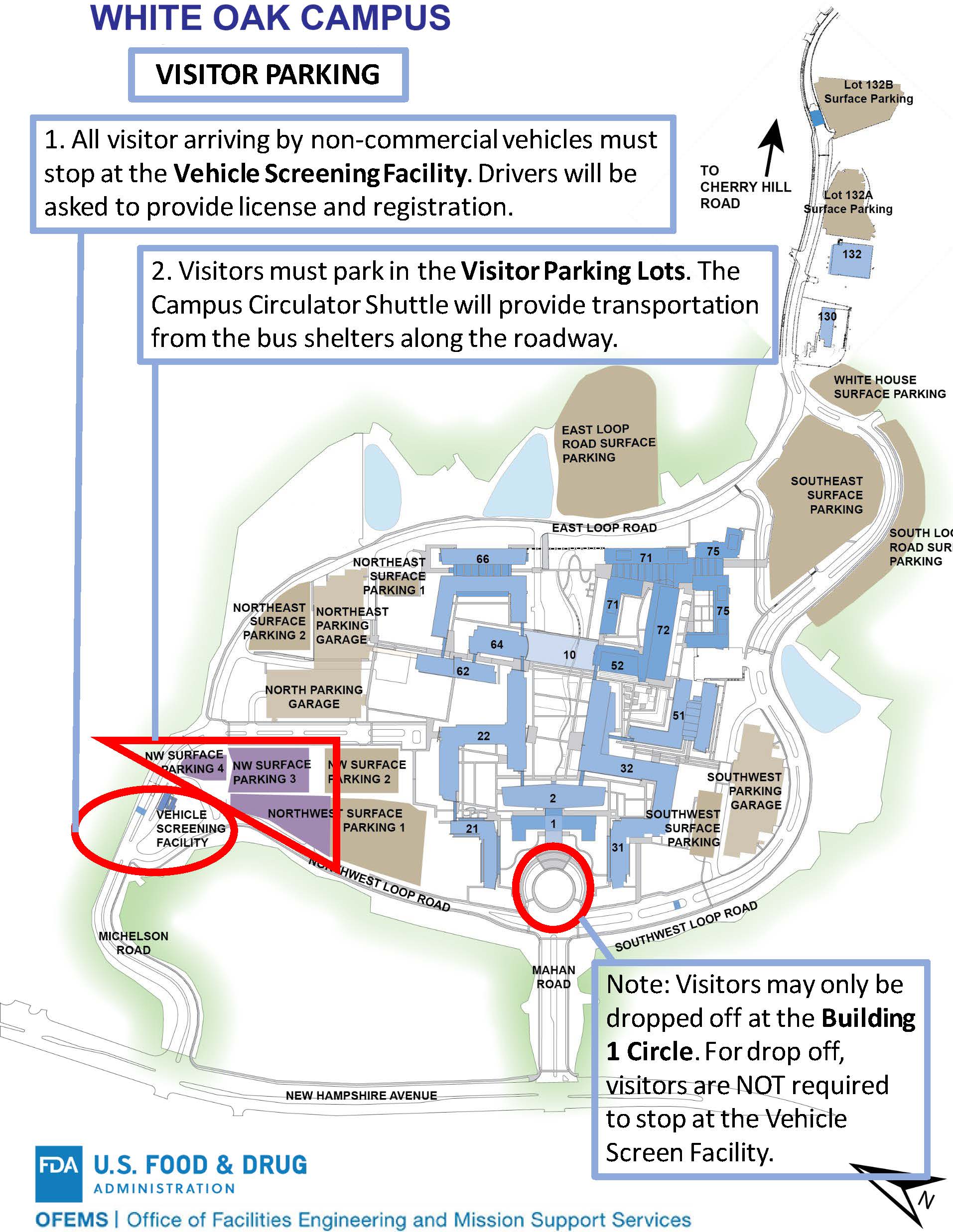Map showing location of visitor parking on the White Oak Campus