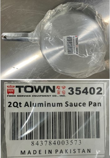 Image of aluminum pan and label: 2Qt Aluminum Saucepan Town Food Service Equipment Co., Inc. Made in Pakistan