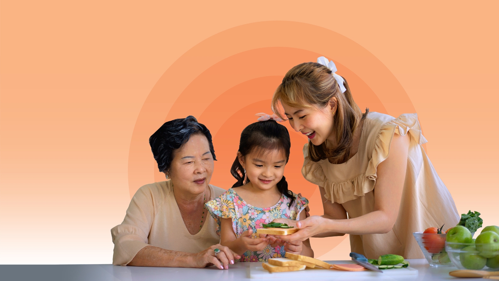 Image of Asian multi-generational family, with a variety of food spread on the table