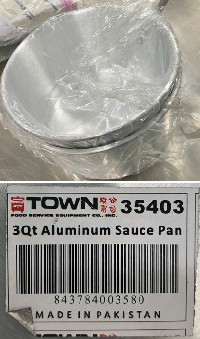 Image of aluminum sauce pan with label 3Qt Aluminum Saucepan Town Food Service Equipment Co., Inc. Made in Pakistan 