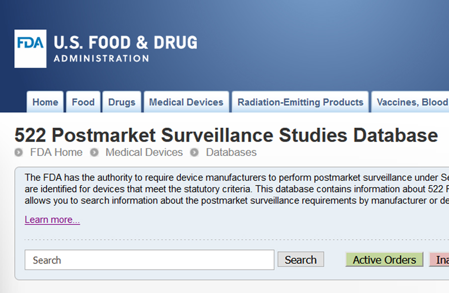 Screen shot of the 522 Postmarket Surveillance Studies database page on FDA.gov