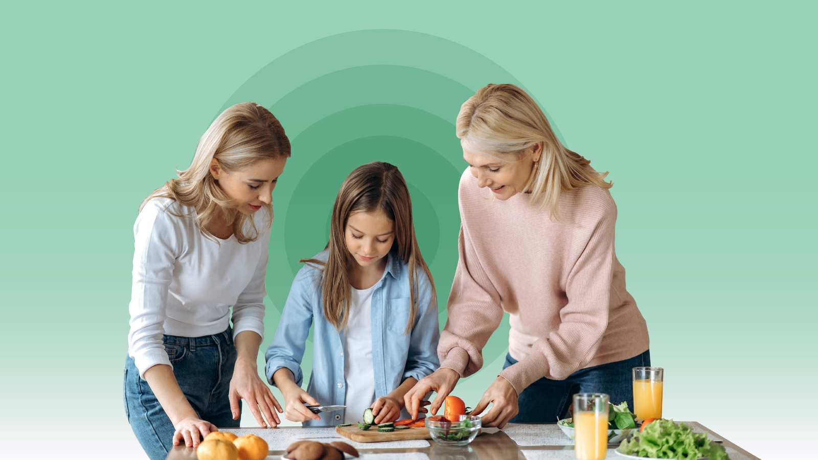 Image of multigenerational women and young girl prepping food items