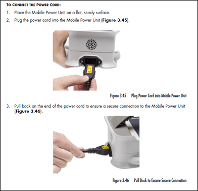 Diagram showing how to connect the power cord.  Step 1: place the mobile power unit on a flat, sturdy surface.  Step 2: plug the power cord into the mobile power unit.  Step 3: pull back on the end of the power cord to ensure a secure connection to the mobile power unit.