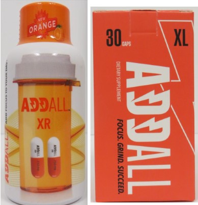 Two dietary supplement product labels side by side. On the left is an image of a label with a orange and white prescription bottle labeled 'ADDALL XR' with an orange cap showing 'ORANGE' flavor text. The bottle displays two capsules (white and orange) on its label. On the right is the image of another product with a red rectangular box labeled 'ADDALL XL' with '30 CAPS' printed in the upper left corner and 'FOCUS GRIND SUCCEED' text along the side.