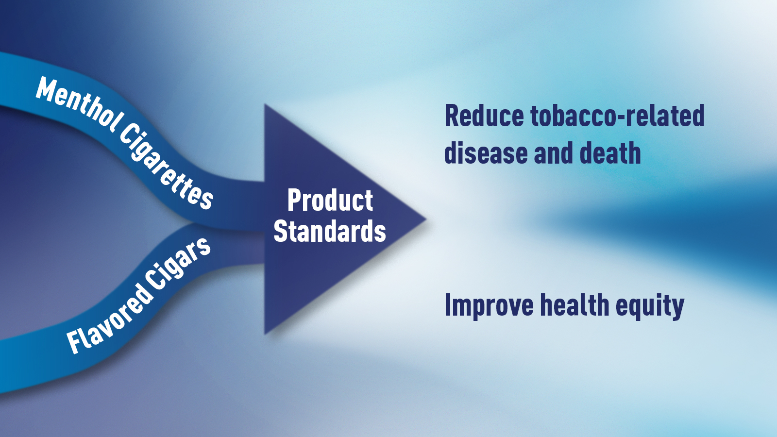 FDA on Track for Actions to Address Tobacco-Related Health Disparities Infographic showing arrow coming from left side. Top line - Menthol Cigarettes. Bottom line - Flavored Cigarettes. Merging into arrow - Product Standards. Right top - Reduce tobacco related disease and death. Right bottom - Improve health equity.