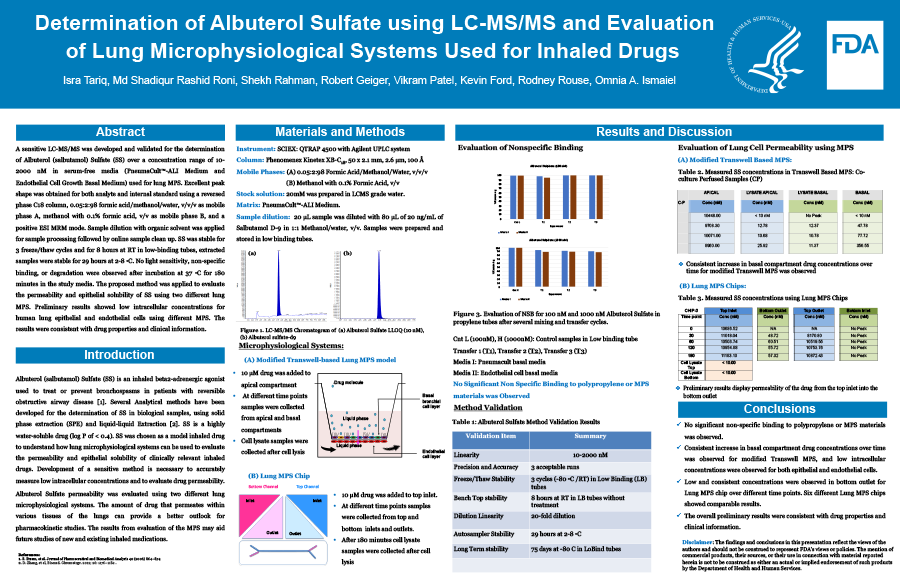 2023 Science Forum Poster Thumbnail – Determination of Albuterol Sulfate using LC-MS/MS and Evaluation of Lung Microphysiological Systems Used for Inhaled Drugs