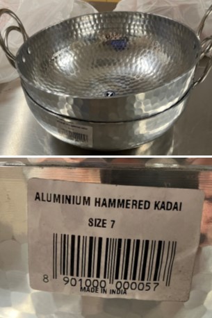 Image of metal pot with label Aluminum Hammered Kadai Size 7