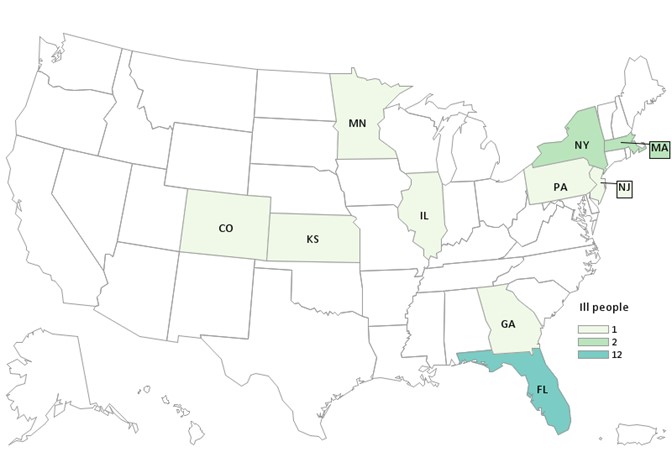 Outbreak Investigation of Listeria Monocytogenes in Florida-Based Big Olaf Ice Cream (July 2022) - CDC Case Count Map as of July 11, 2022