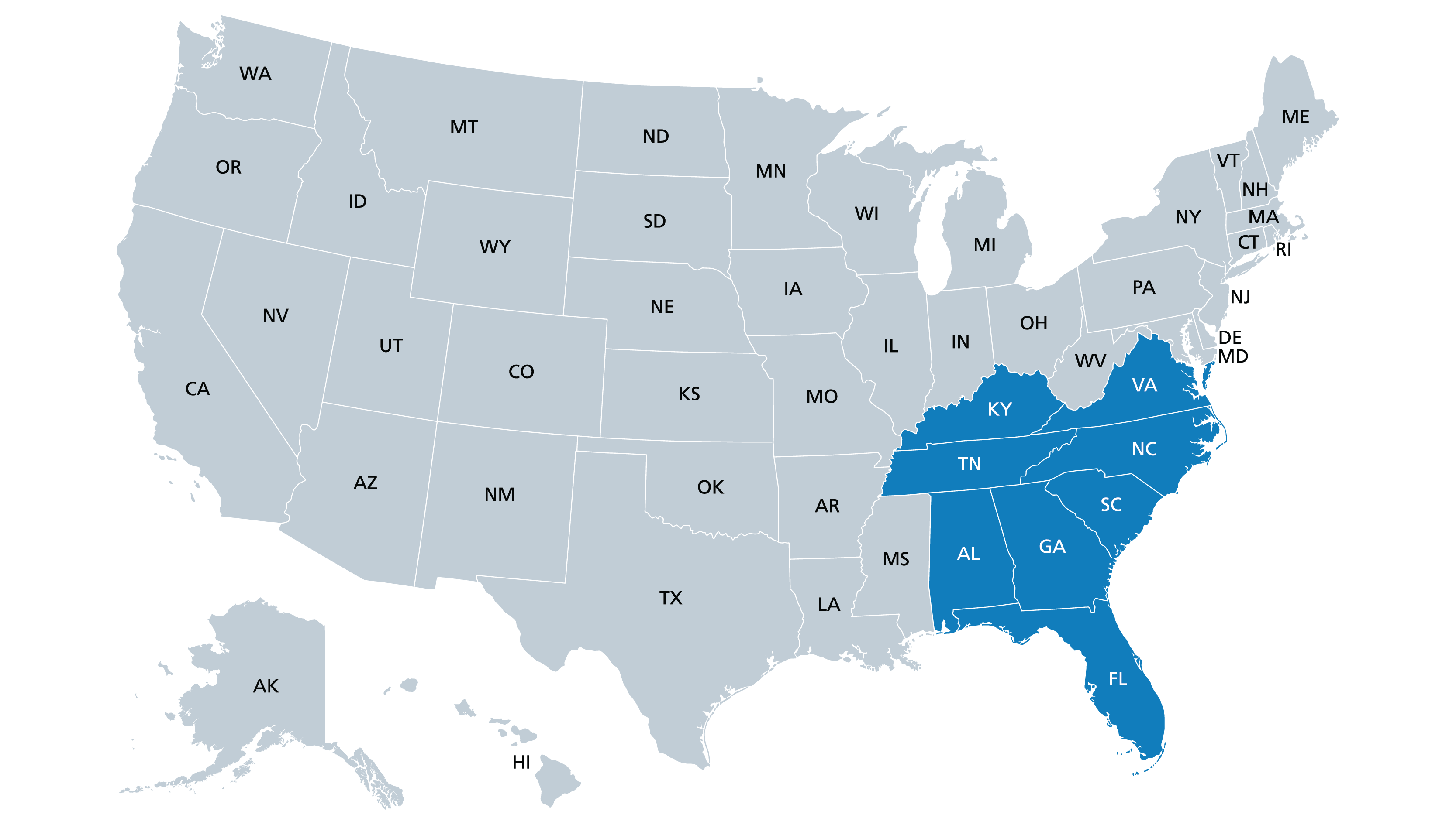 Map of the United States with eight southeastern states highlighted in blue: Virginia (VA), Kentucky (KY), Tennessee (TN), North Carolina (NC), South Carolina (SC), Alabama (AL), Georgia (GA), and Florida (FL). All other states are shown in gray."