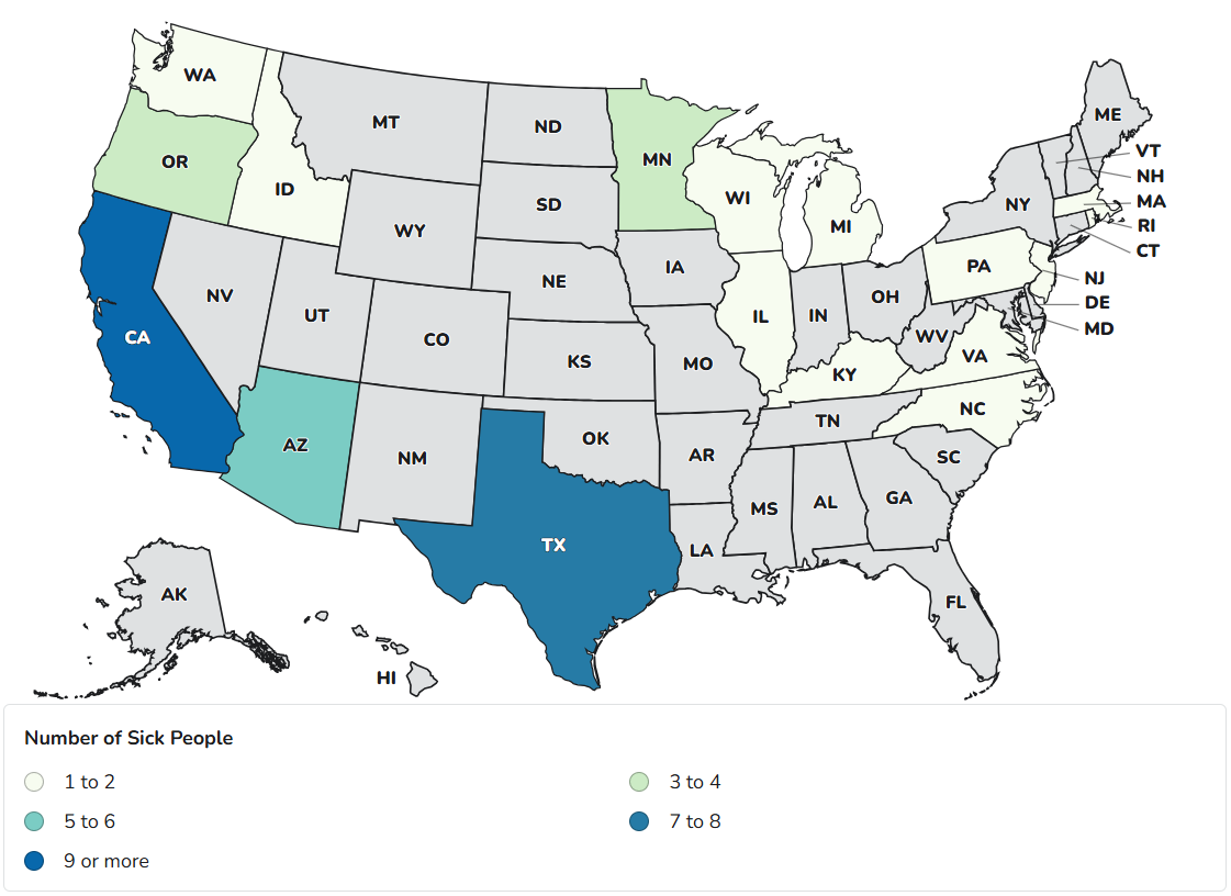 CDC case count map with cases in Arizona, California, Idaho, Illinois, Kentucky, Massachusetts, Michigan, Minnesota, North Carolina, New Jersey, Oregon, Pennsylvania, Rhode Island, Texas, Virginia, Washington, and Wisconsin