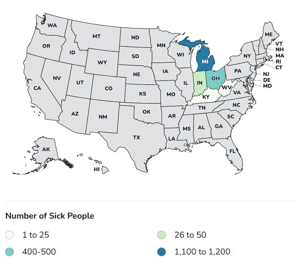 CDC Case Count Map for Investigation of 5-State Outbreak of Cyclospora Illnesses: Iceberg Lettuce (July 2026)