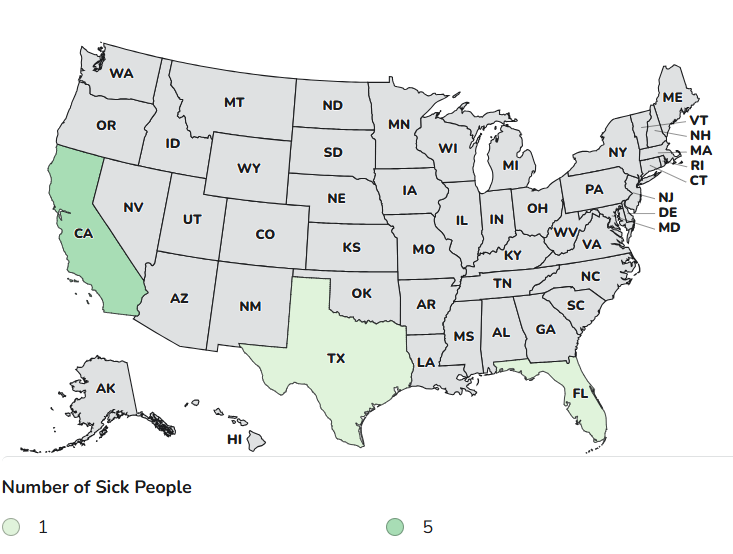 Case Count Map Provided by CDC: CA (5), FL (1), TX (1)