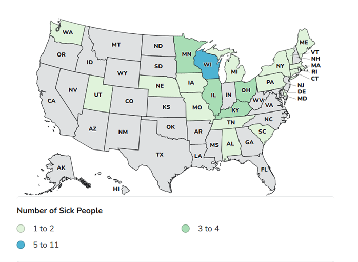 Case Count Map Provided by CDC; States with Cases: AL, CT, DE, IA, IL, KY, MA, ME, MI, MN, MO, NE, NY, OH, PA, SC, TN, UT, VT, WA, WI 